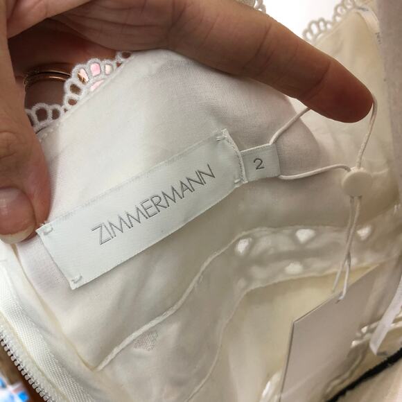 Zimmermann Dress Kirra Tie Shoulder Mini White Ivory Flare Linen Lace '2' US 8 - Picture 3 of 15